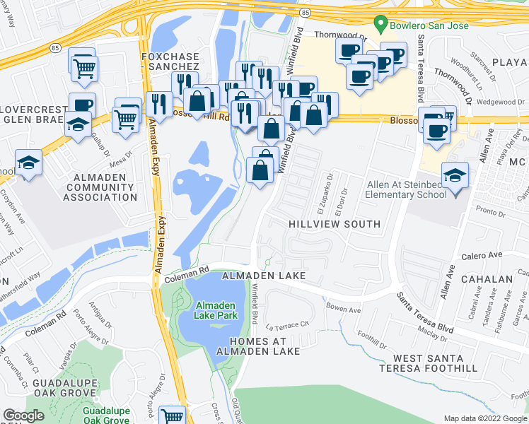 map of restaurants, bars, coffee shops, grocery stores, and more near Winfield Blvd & Furlong Dr in San Jose