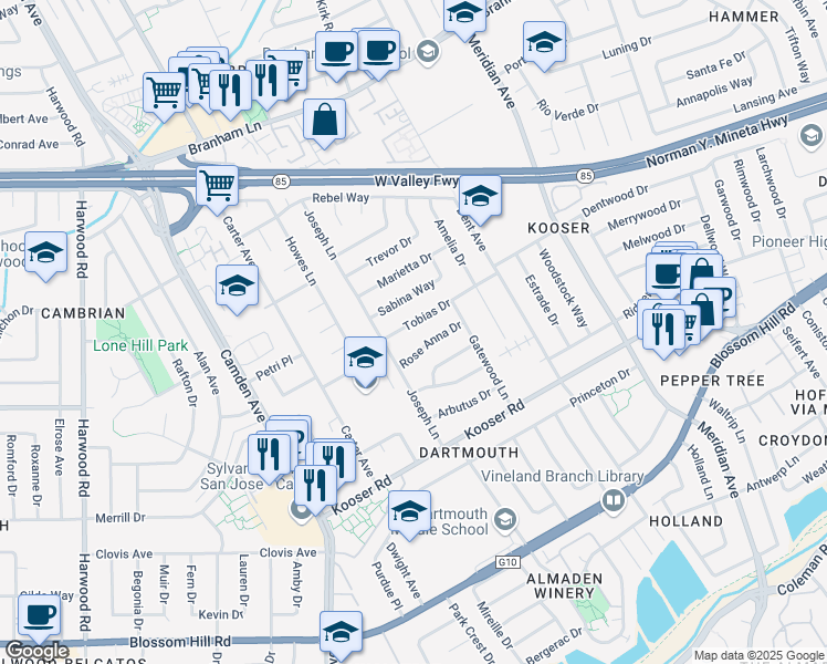 map of restaurants, bars, coffee shops, grocery stores, and more near 1572 Tobias Drive in San Jose