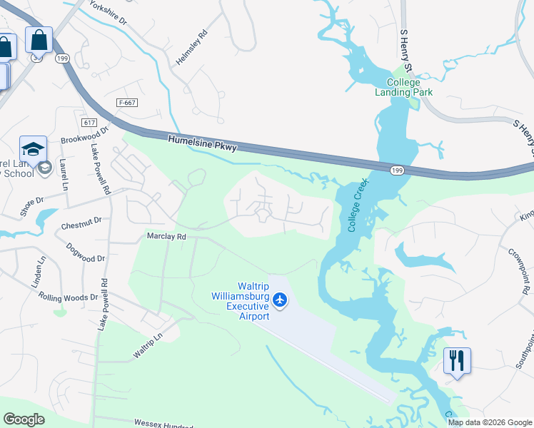 map of restaurants, bars, coffee shops, grocery stores, and more near 5700 Williamsburg Landing Dr in Williamsburg