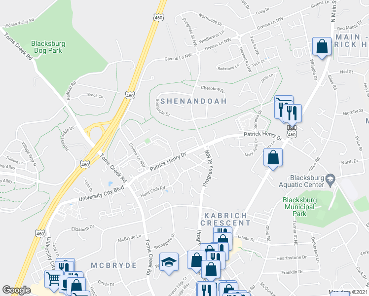map of restaurants, bars, coffee shops, grocery stores, and more near 311 Shenandoah Circle in Blacksburg