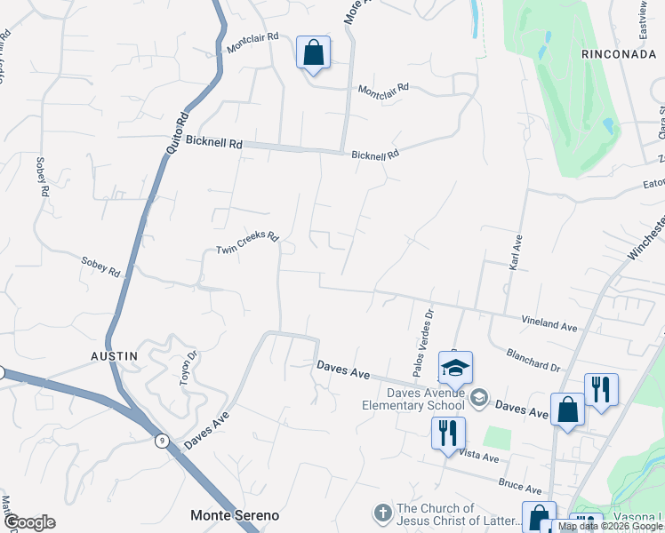 map of restaurants, bars, coffee shops, grocery stores, and more near 18119 Vía Encantada in Monte Sereno