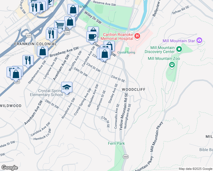 map of restaurants, bars, coffee shops, grocery stores, and more near Jefferson Street Southeast in Roanoke