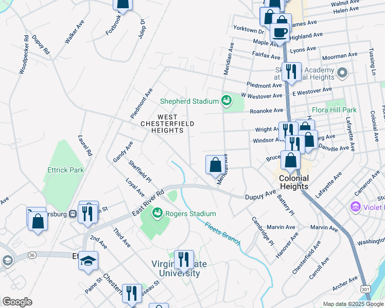 map of restaurants, bars, coffee shops, grocery stores, and more near 20203 Oakland Avenue in Ettrick