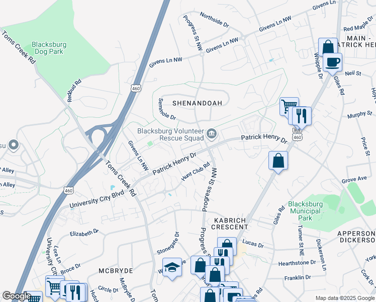 map of restaurants, bars, coffee shops, grocery stores, and more near 311 Shenandoah Circle in Blacksburg