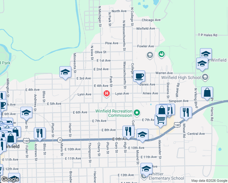 map of restaurants, bars, coffee shops, grocery stores, and more near 1405 E 4th Ave in Winfield