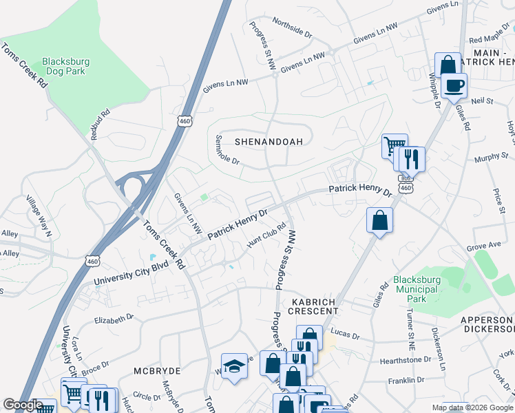map of restaurants, bars, coffee shops, grocery stores, and more near 333 Shenandoah Circle in Blacksburg