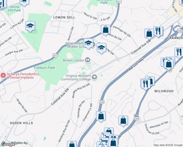 map of restaurants, bars, coffee shops, grocery stores, and more near 3108 Colonial Avenue Southwest in Roanoke
