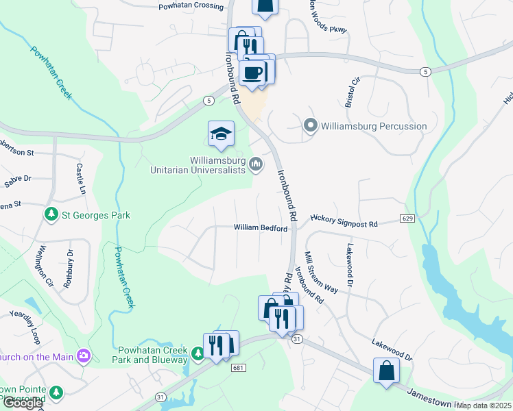 map of restaurants, bars, coffee shops, grocery stores, and more near 2908 Richard Pace North in Williamsburg