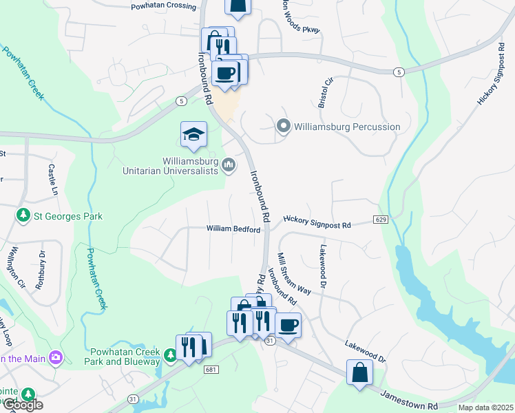 map of restaurants, bars, coffee shops, grocery stores, and more near 2906 North Robert Hunt in Williamsburg