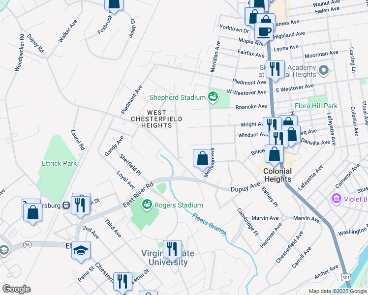 map of restaurants, bars, coffee shops, grocery stores, and more near 20203 Oakland Avenue in Ettrick