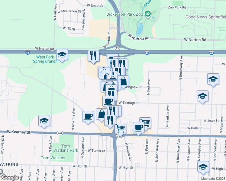 map of restaurants, bars, coffee shops, grocery stores, and more near 2645 North Kansas Expressway in Springfield