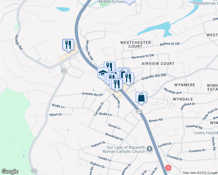 map of restaurants, bars, coffee shops, grocery stores, and more near 2005 Electric Road in Cave Spring