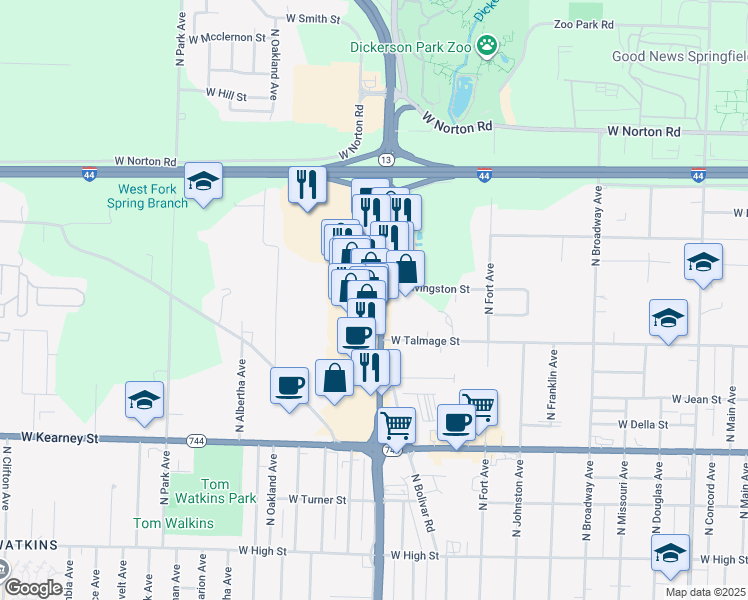 map of restaurants, bars, coffee shops, grocery stores, and more near 2645 North Kansas Expressway in Springfield