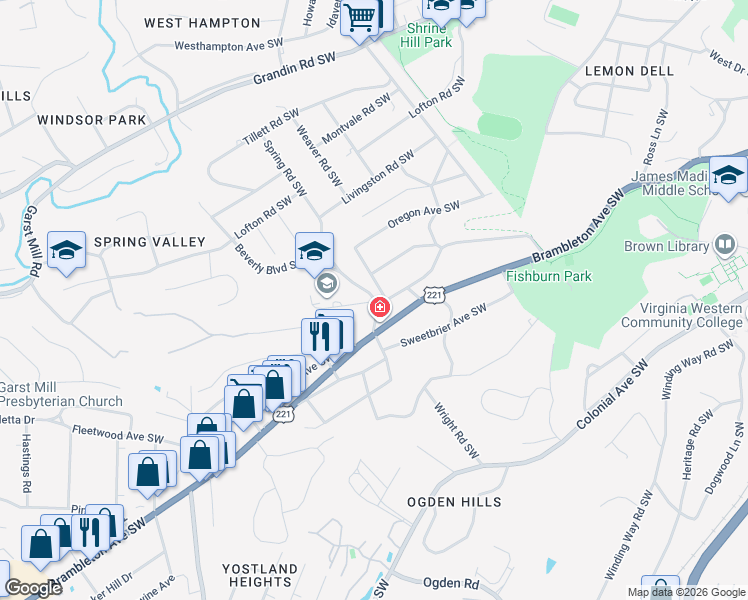 map of restaurants, bars, coffee shops, grocery stores, and more near 3199 Spring Road Southwest in Roanoke