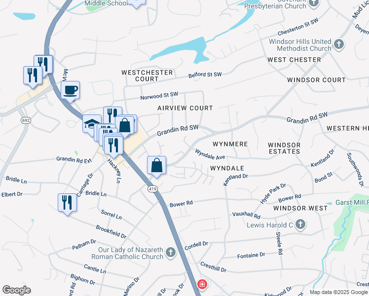 map of restaurants, bars, coffee shops, grocery stores, and more near 4631 Heather Drive Southwest in Roanoke