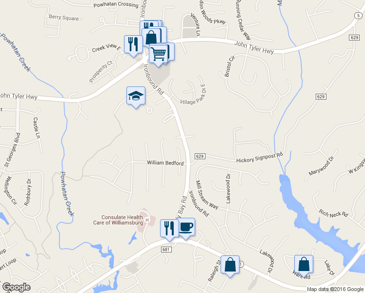 map of restaurants, bars, coffee shops, grocery stores, and more near 2906 North Robert Hunt in Williamsburg
