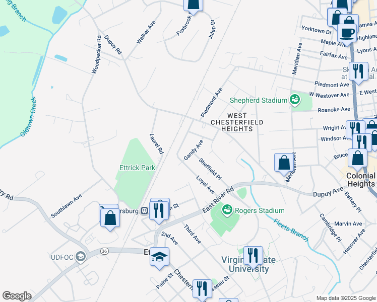 map of restaurants, bars, coffee shops, grocery stores, and more near 20200 Gandy Avenue in Ettrick
