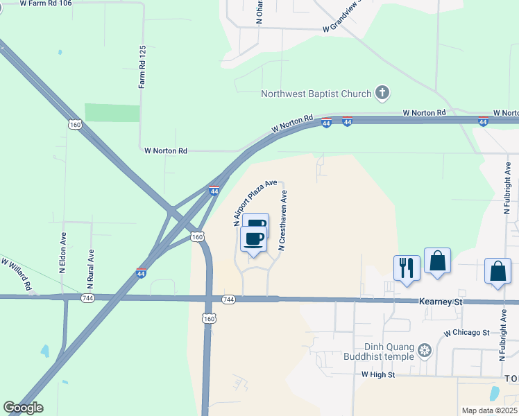 map of restaurants, bars, coffee shops, grocery stores, and more near 2601 North Airport Plaza Avenue in Springfield