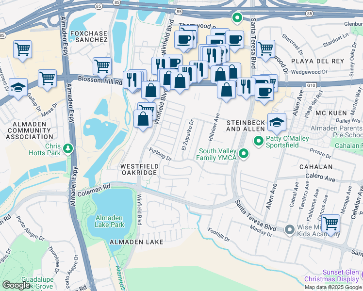 map of restaurants, bars, coffee shops, grocery stores, and more near 5868 El Zuparko Drive in San Jose