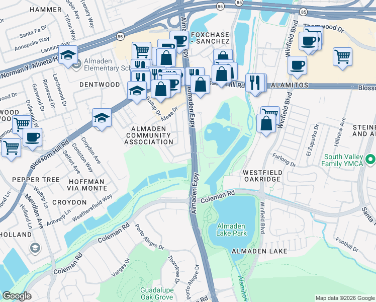 map of restaurants, bars, coffee shops, grocery stores, and more near 5745-5747 Almaden Road in San Jose