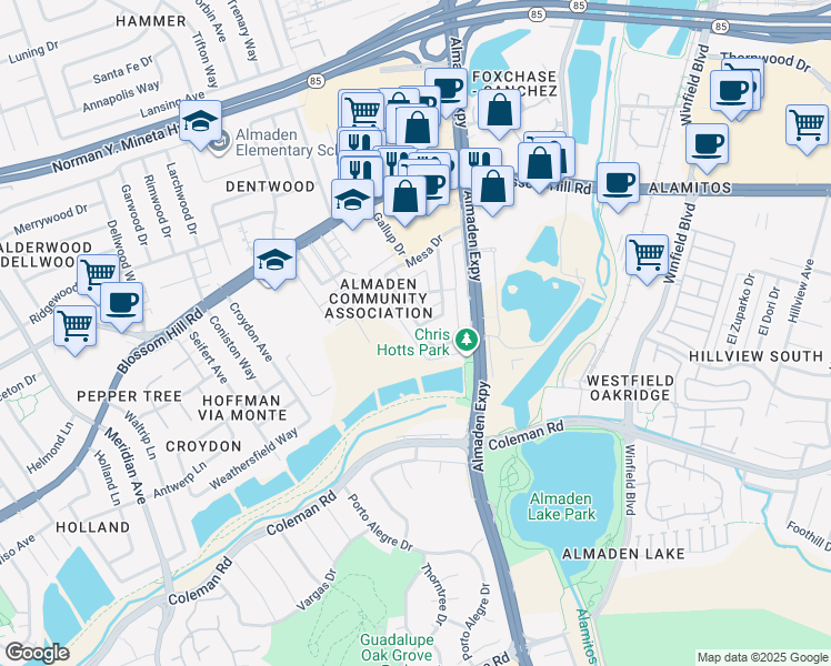 map of restaurants, bars, coffee shops, grocery stores, and more near 5735 Tucson Drive in San Jose