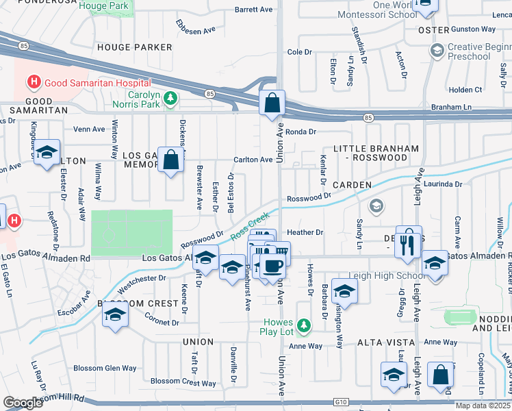map of restaurants, bars, coffee shops, grocery stores, and more near 5025 Bel Canto Drive in San Jose
