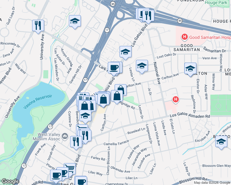 map of restaurants, bars, coffee shops, grocery stores, and more near 200 Carlester Drive in Los Gatos