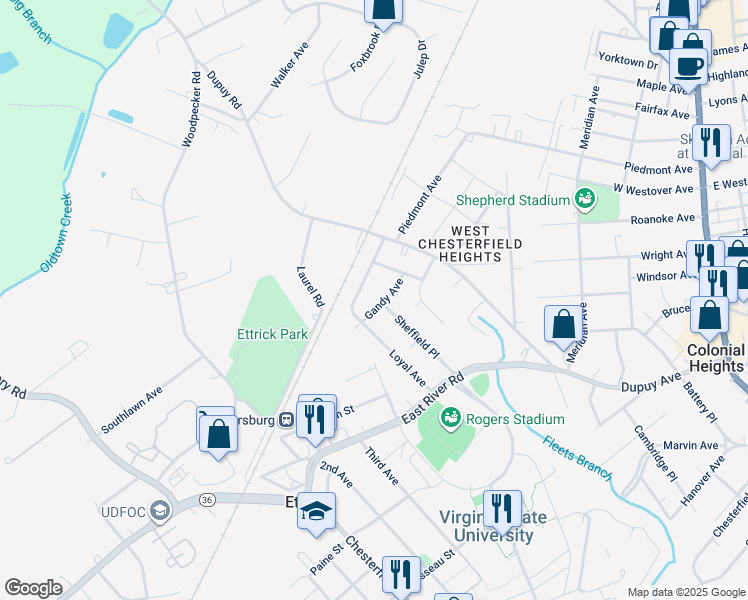 map of restaurants, bars, coffee shops, grocery stores, and more near 20200 Gandy Avenue in Ettrick