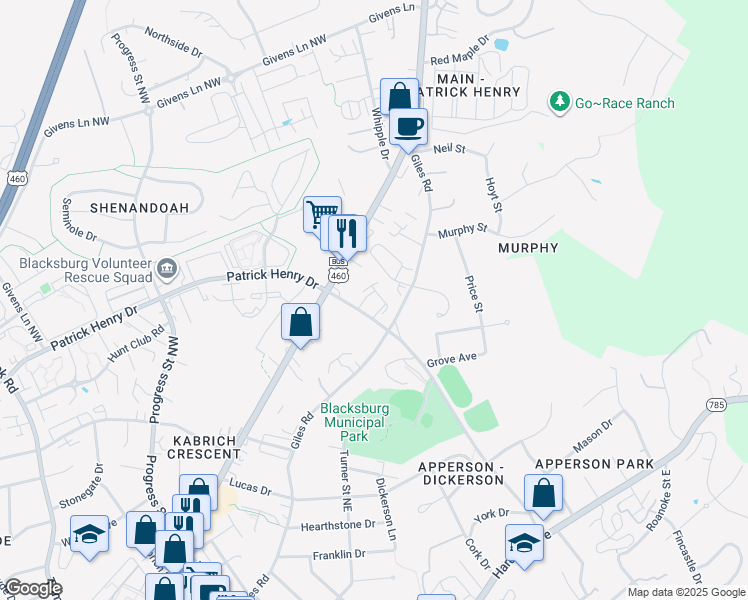 map of restaurants, bars, coffee shops, grocery stores, and more near 880 Patrick Henry Drive in Blacksburg