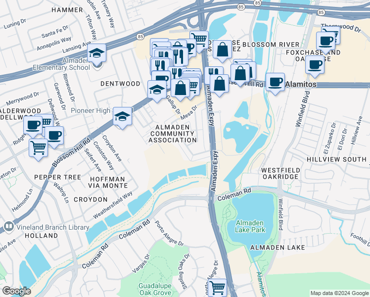 map of restaurants, bars, coffee shops, grocery stores, and more near 5723 Via Monte Drive in San Jose