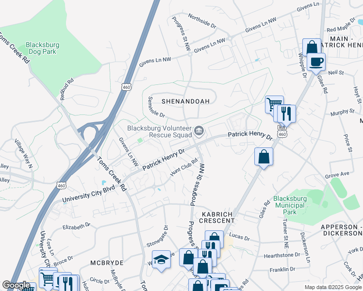map of restaurants, bars, coffee shops, grocery stores, and more near 333 Shenandoah Circle in Blacksburg