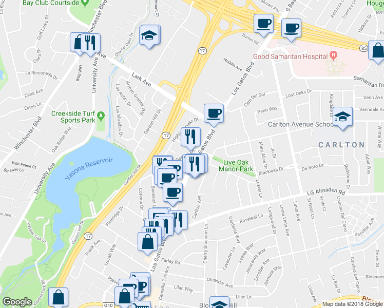 map of restaurants, bars, coffee shops, grocery stores, and more near 15299 Los Gatos Boulevard in Los Gatos