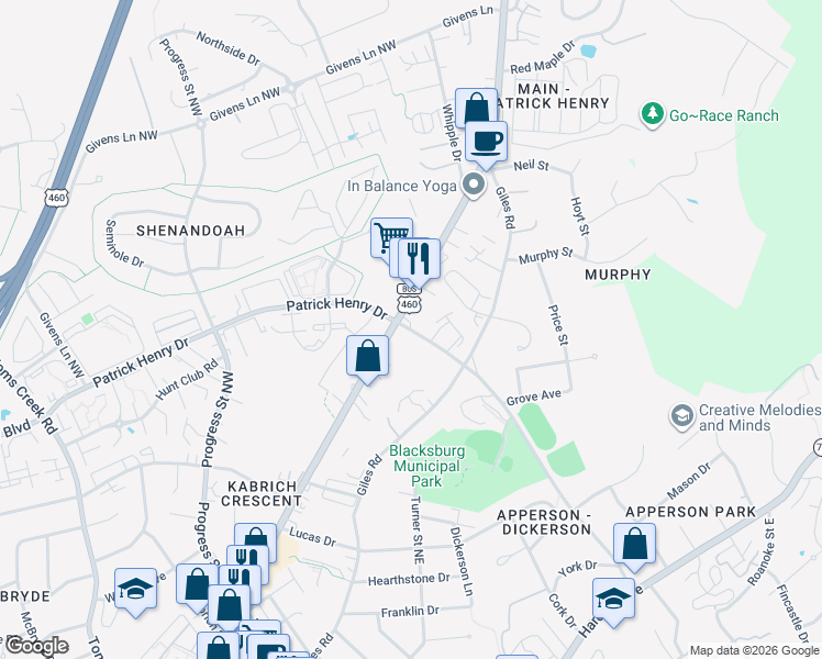 map of restaurants, bars, coffee shops, grocery stores, and more near Patrick Henry Drive in Blacksburg