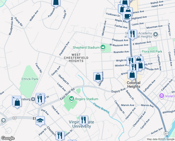 map of restaurants, bars, coffee shops, grocery stores, and more near 20201 Oakland Avenue in Colonial Heights