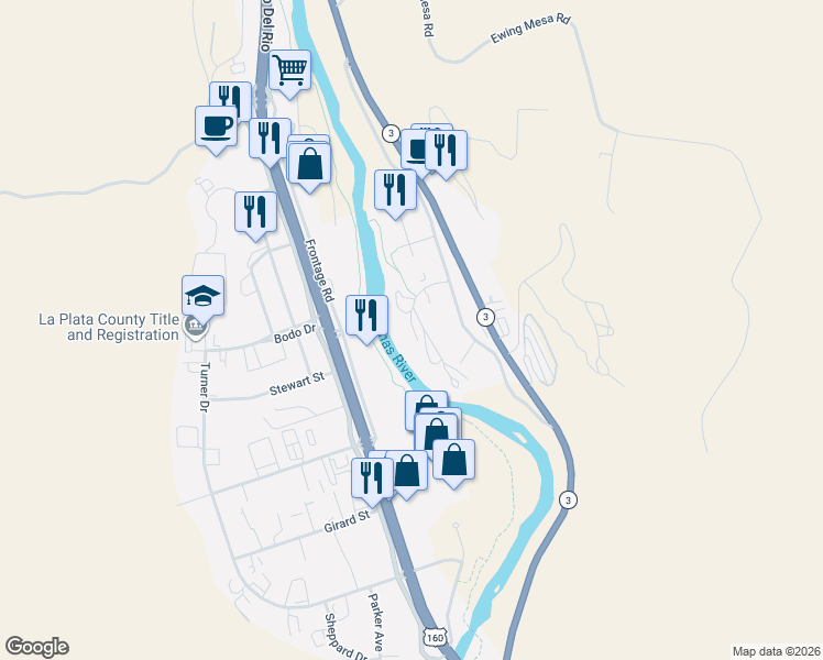 map of restaurants, bars, coffee shops, grocery stores, and more near 590 Sawmill Road in Durango