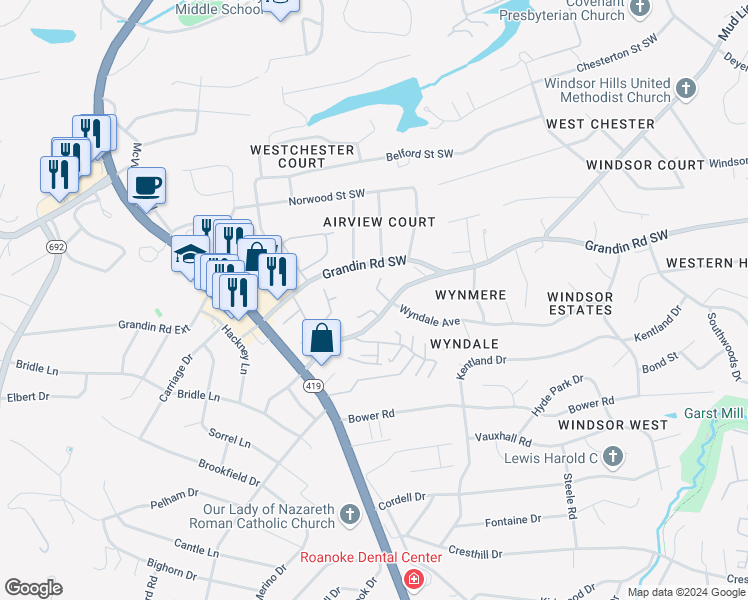 map of restaurants, bars, coffee shops, grocery stores, and more near 4631 Heather Drive Southwest in Roanoke