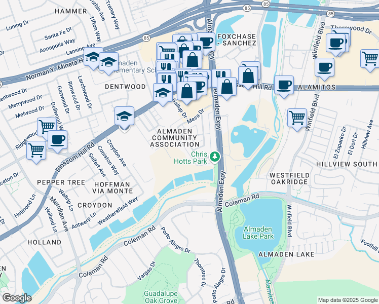 map of restaurants, bars, coffee shops, grocery stores, and more near 5709 Via Monte in San Jose