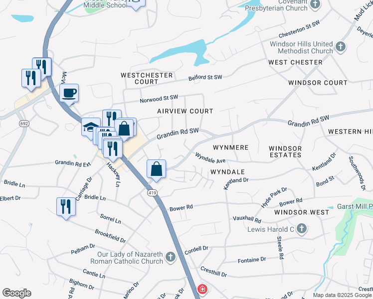 map of restaurants, bars, coffee shops, grocery stores, and more near 4631 Heather Drive Southwest in Roanoke