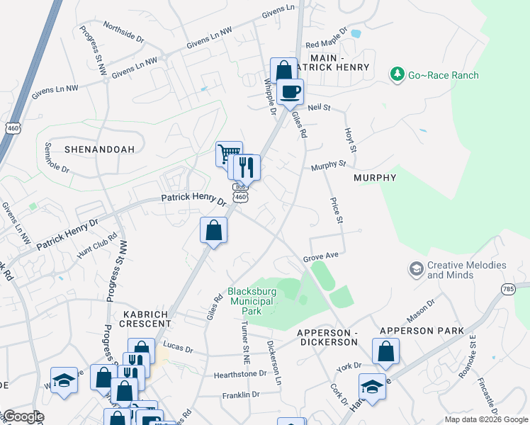 map of restaurants, bars, coffee shops, grocery stores, and more near 880 Patrick Henry Drive in Blacksburg