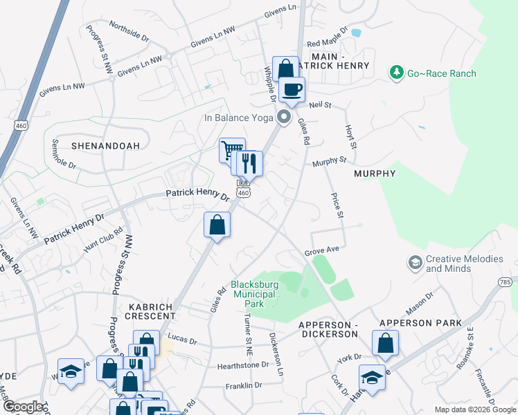 map of restaurants, bars, coffee shops, grocery stores, and more near 880 Patrick Henry Drive in Blacksburg