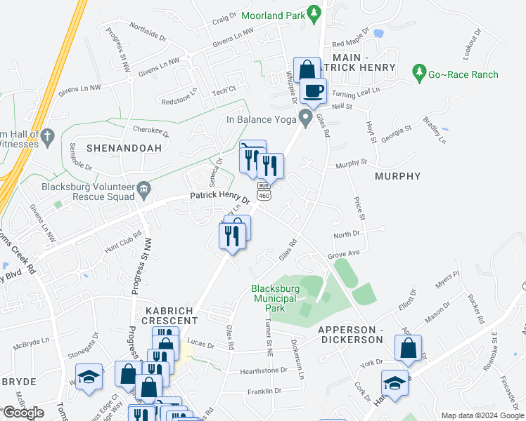map of restaurants, bars, coffee shops, grocery stores, and more near 811 Patrick Henry Drive in Blacksburg