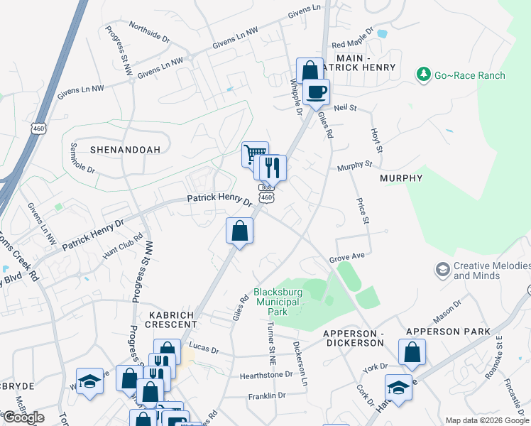 map of restaurants, bars, coffee shops, grocery stores, and more near Patrick Henry Drive in Blacksburg