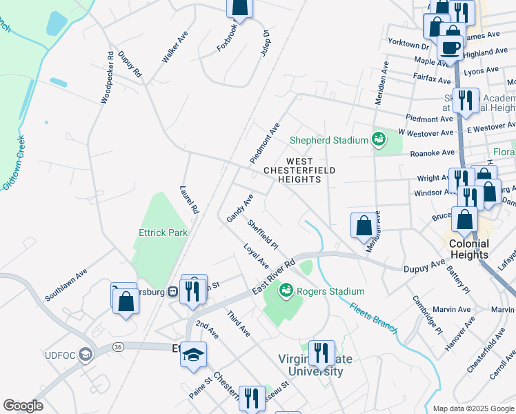map of restaurants, bars, coffee shops, grocery stores, and more near 20204 College Park Avenue in Ettrick