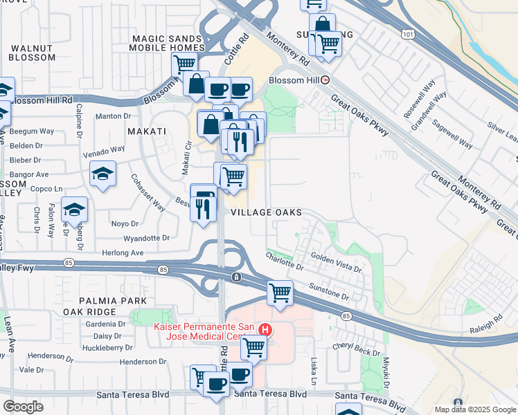 map of restaurants, bars, coffee shops, grocery stores, and more near 3131 Raleigh Road in San Jose
