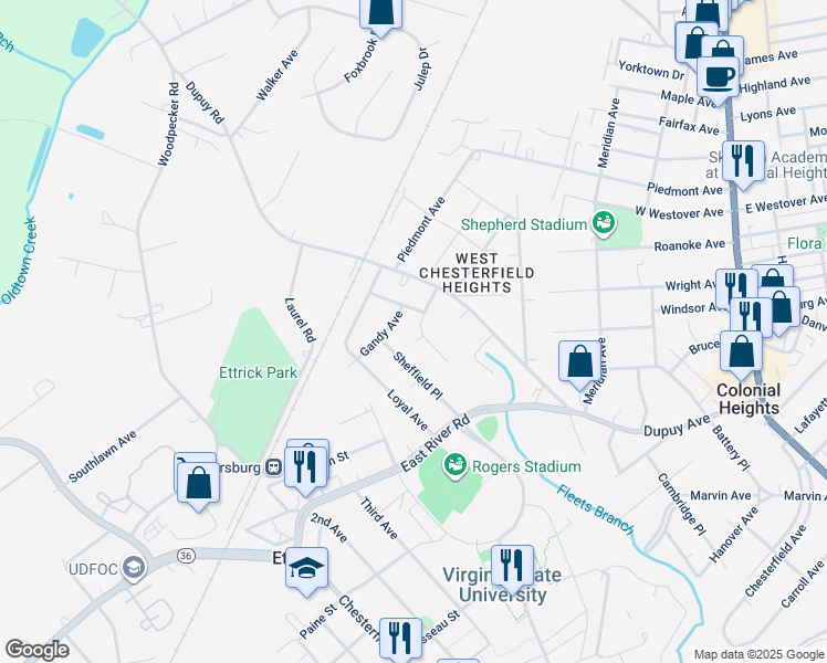 map of restaurants, bars, coffee shops, grocery stores, and more near 20204 College Park Avenue in Ettrick