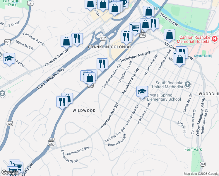 map of restaurants, bars, coffee shops, grocery stores, and more near 2704 Stephenson Avenue Southwest in Roanoke