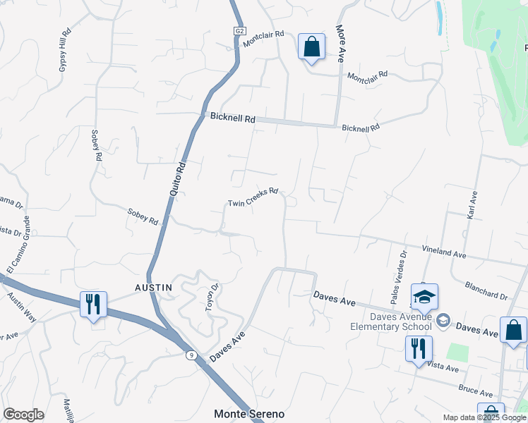 map of restaurants, bars, coffee shops, grocery stores, and more near 15374 Tamson Court in Monte Sereno