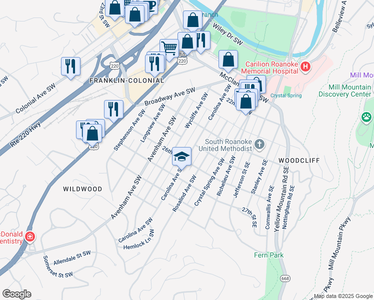 map of restaurants, bars, coffee shops, grocery stores, and more near 2515 Carolina Avenue Southwest in Roanoke