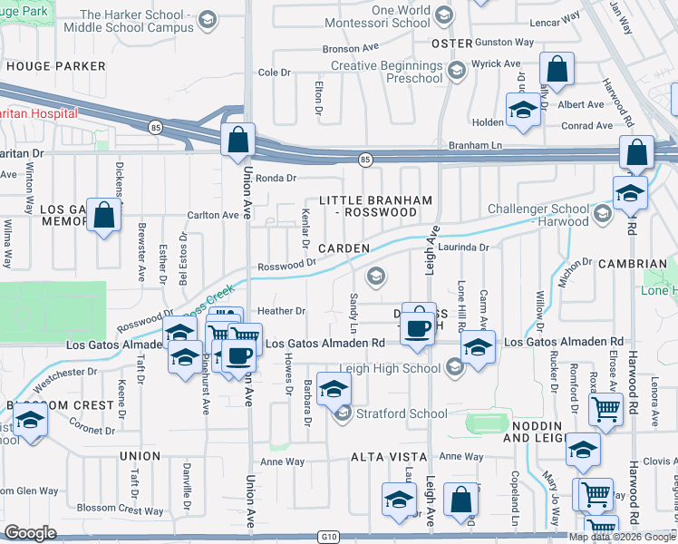 map of restaurants, bars, coffee shops, grocery stores, and more near 1952 Rosswood Drive in San Jose