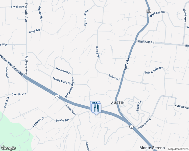 map of restaurants, bars, coffee shops, grocery stores, and more near 15215 Sobey Road in Saratoga
